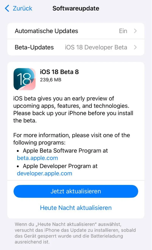 沂南苹果手机维修分享苹果 iOS / iPadOS 18 开发者预览版 Beta 8 发布 